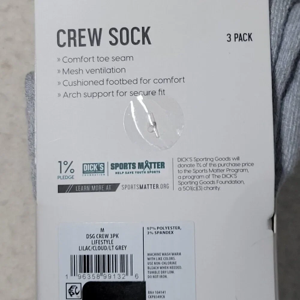 DSG Crew Socks 3 Pack Unisex M Womens Size 5-10 Mens 4-8 Lavender White‎ Gray